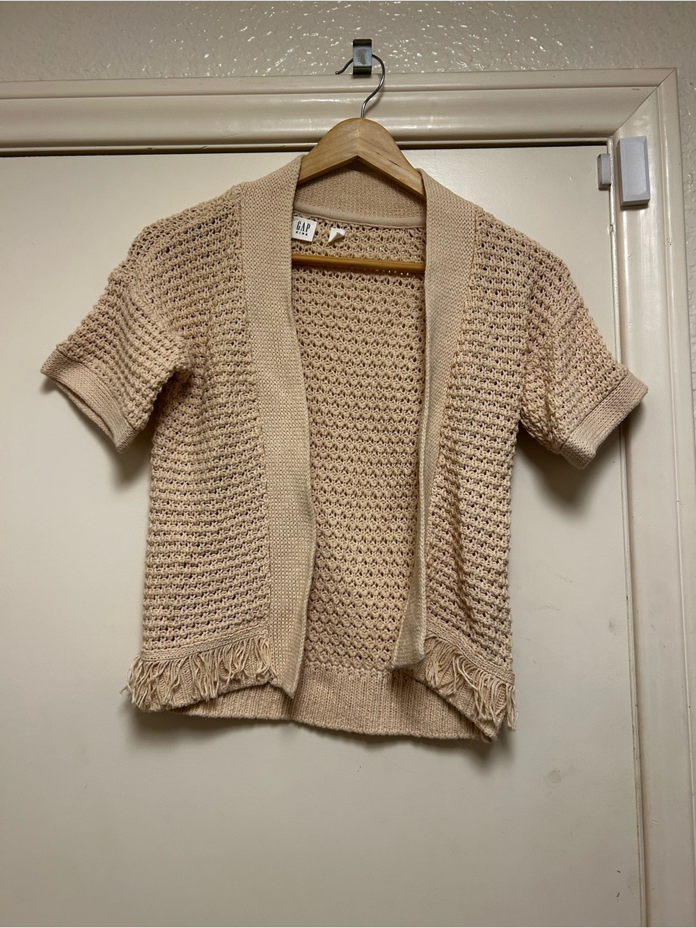 GAP Short-Sleeve Open Knit Cardigan in Beige